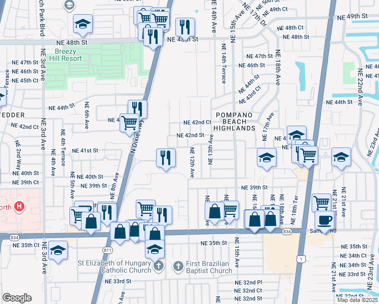 map of restaurants, bars, coffee shops, grocery stores, and more near 4131 Northeast 12th Avenue in Pompano Beach