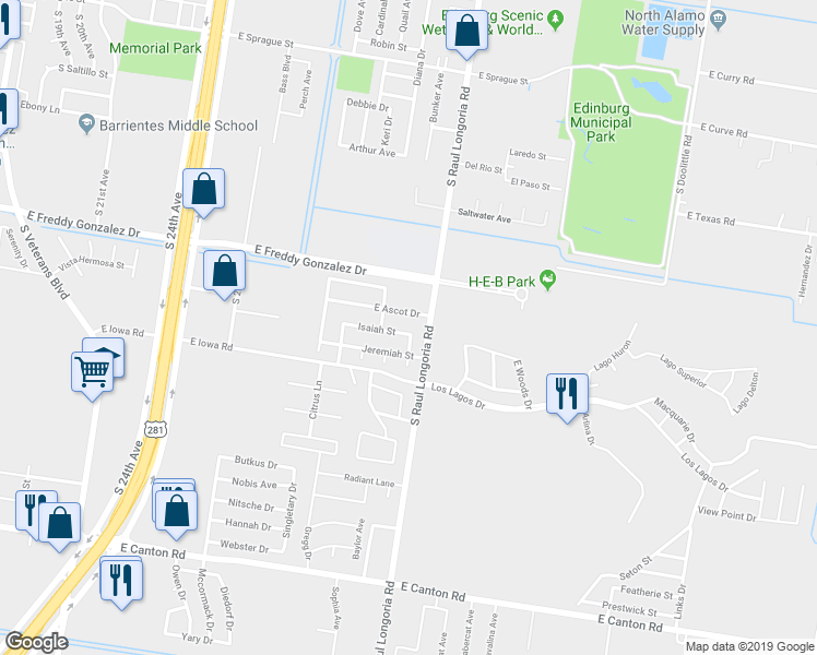 map of restaurants, bars, coffee shops, grocery stores, and more near 2325 Isaiah Street in Edinburg