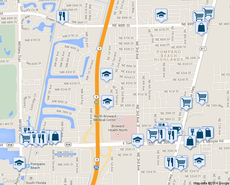 map of restaurants, bars, coffee shops, grocery stores, and more near 4111 Northeast 2nd Terrace in Pompano Beach