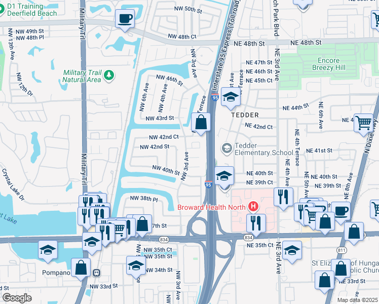 map of restaurants, bars, coffee shops, grocery stores, and more near 4142 Northwest 3rd Avenue in Pompano Beach