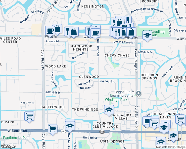 map of restaurants, bars, coffee shops, grocery stores, and more near 11061 Northwest 41st Court in Coral Springs