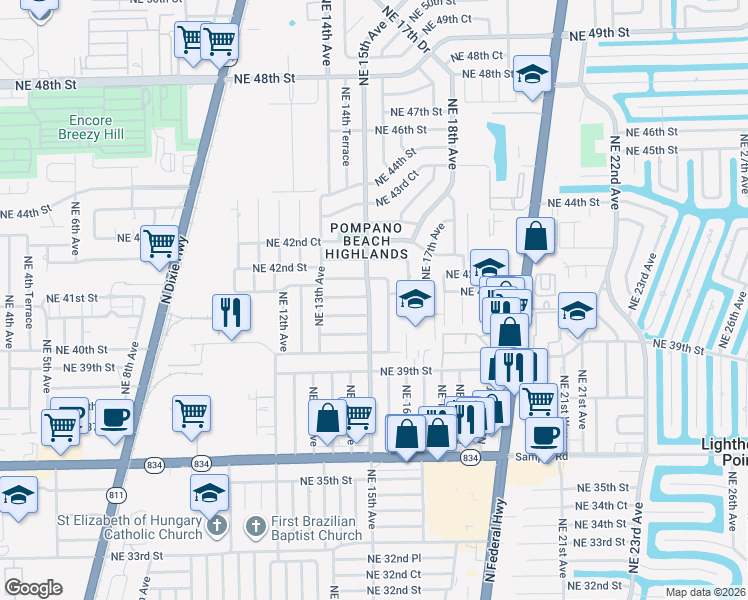 map of restaurants, bars, coffee shops, grocery stores, and more near 4130 Northeast 15th Avenue in Pompano Beach