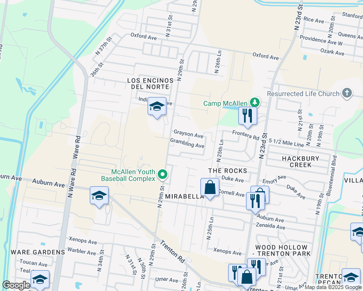 map of restaurants, bars, coffee shops, grocery stores, and more near 2805 Grambling Avenue in McAllen