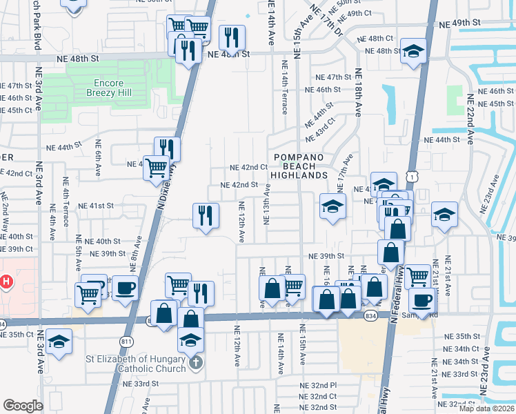 map of restaurants, bars, coffee shops, grocery stores, and more near 4130 Northeast 12th Terrace in Pompano Beach