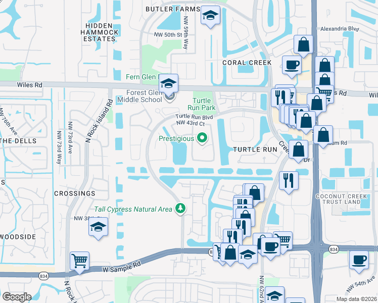 map of restaurants, bars, coffee shops, grocery stores, and more near 4166 Northwest 65th Avenue in Coral Springs