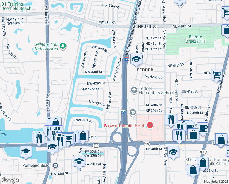 map of restaurants, bars, coffee shops, grocery stores, and more near 4142 Northwest 3rd Avenue in Pompano Beach