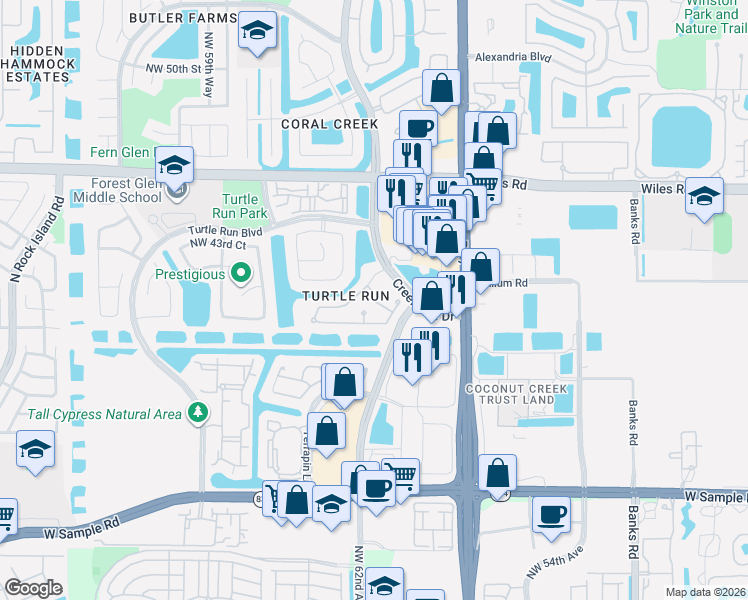map of restaurants, bars, coffee shops, grocery stores, and more near 6122 Northwest 41st Drive in Coral Springs