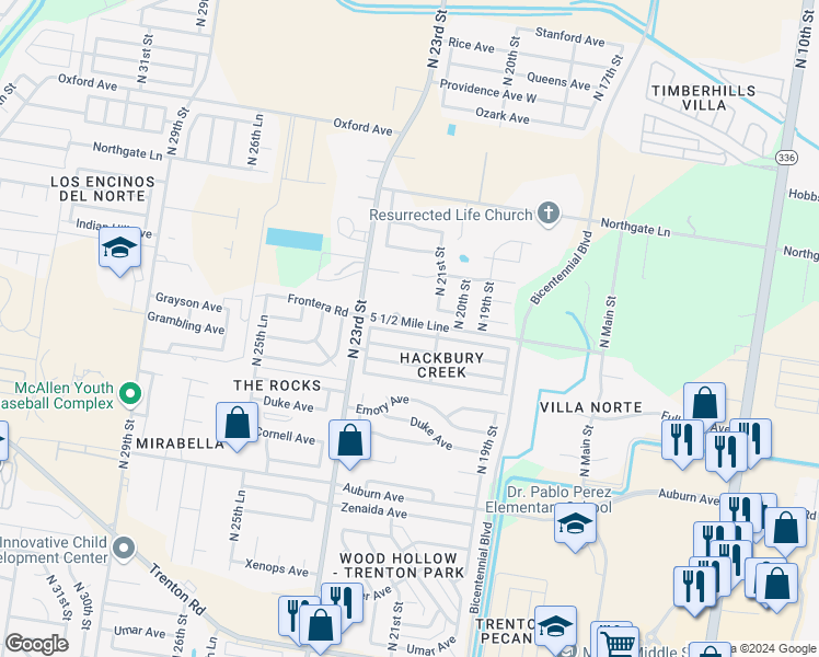 map of restaurants, bars, coffee shops, grocery stores, and more near 2120 Grayson Avenue in McAllen
