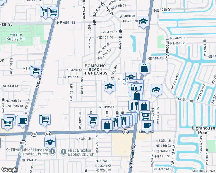 map of restaurants, bars, coffee shops, grocery stores, and more near 1600 Northeast 41st Court in Pompano Beach