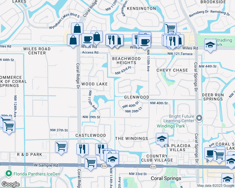 map of restaurants, bars, coffee shops, grocery stores, and more near 4100 Northwest 113th Avenue in Coral Springs