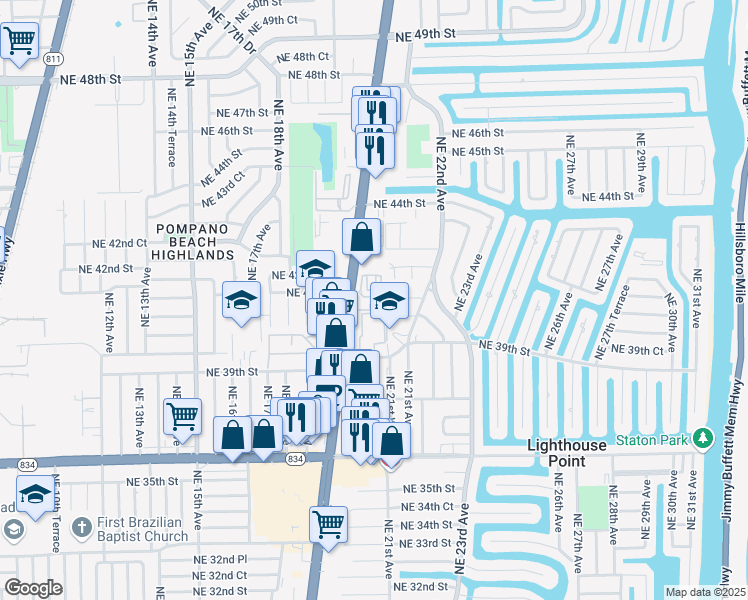 map of restaurants, bars, coffee shops, grocery stores, and more near 2319 Vintage Drive in Lighthouse Point