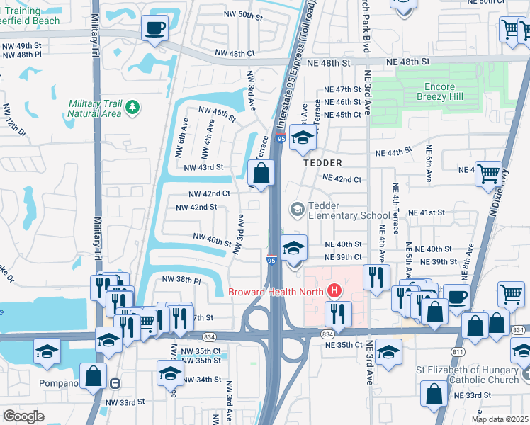 map of restaurants, bars, coffee shops, grocery stores, and more near 210 Northwest 41st Court in Pompano Beach