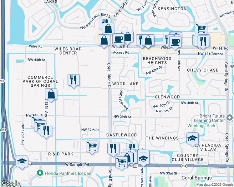 map of restaurants, bars, coffee shops, grocery stores, and more near 11523 Northwest 40th Court in Coral Springs