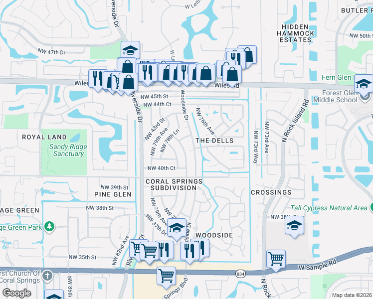 map of restaurants, bars, coffee shops, grocery stores, and more near 4019 Woodside Drive in Coral Springs