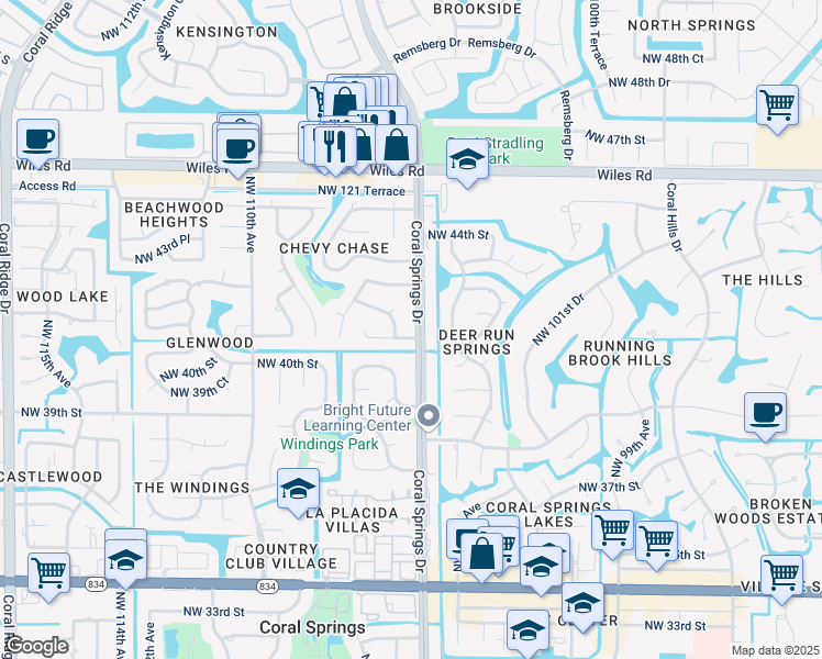 map of restaurants, bars, coffee shops, grocery stores, and more near 4122 Coral Springs Drive in Coral Springs