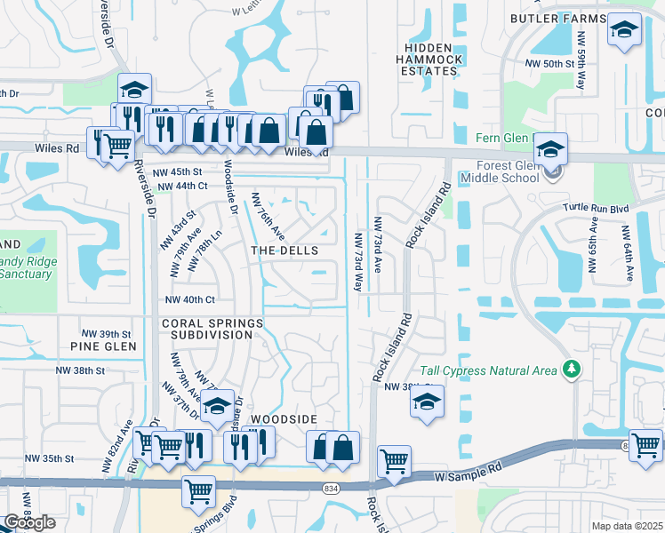map of restaurants, bars, coffee shops, grocery stores, and more near 4115 Northwest 75th Avenue in Coral Springs