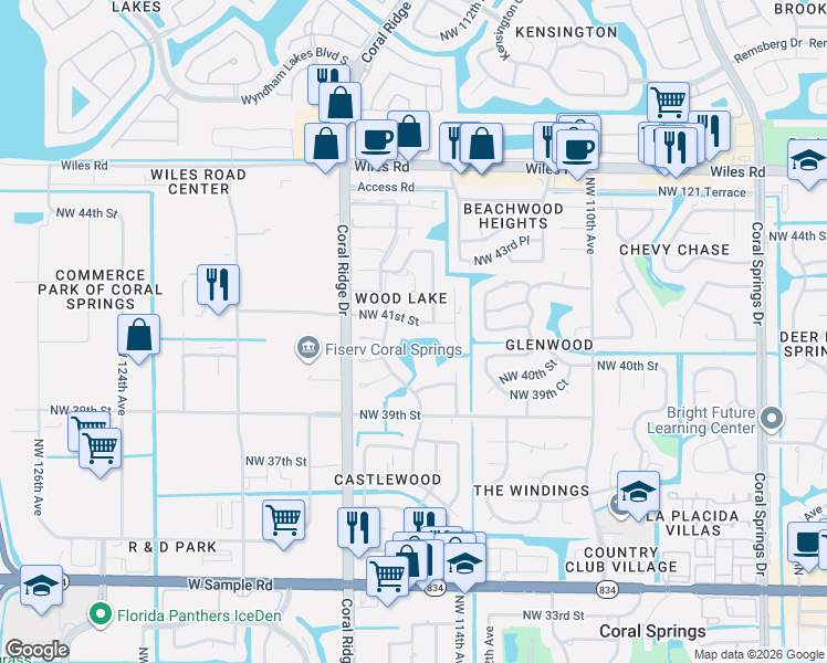 map of restaurants, bars, coffee shops, grocery stores, and more near 11454 Northwest 41st Street in Coral Springs