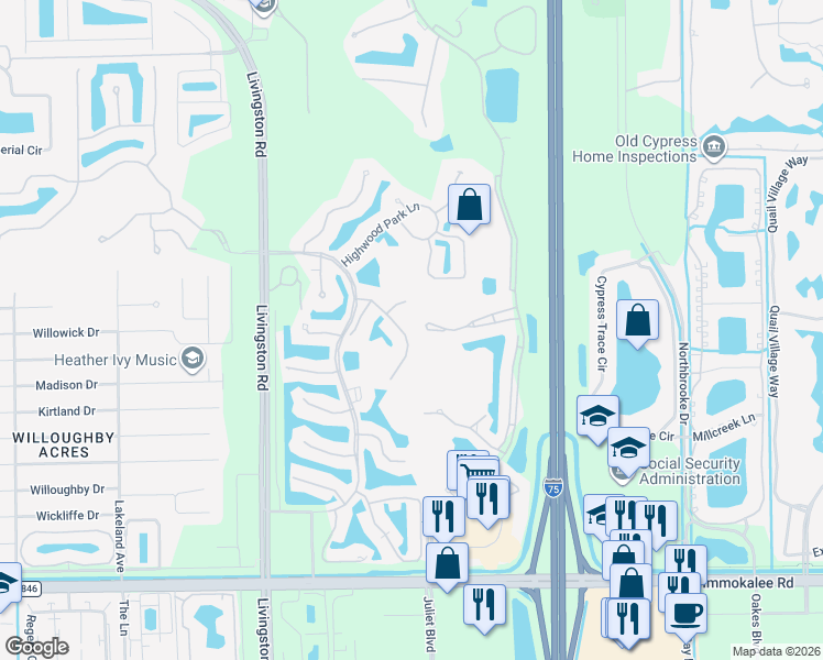 map of restaurants, bars, coffee shops, grocery stores, and more near 5884 Northridge Drive in Naples