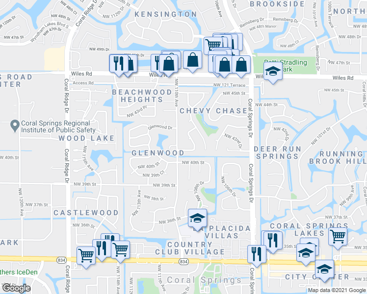 map of restaurants, bars, coffee shops, grocery stores, and more near 10905 Northwest 41st Drive in Coral Springs