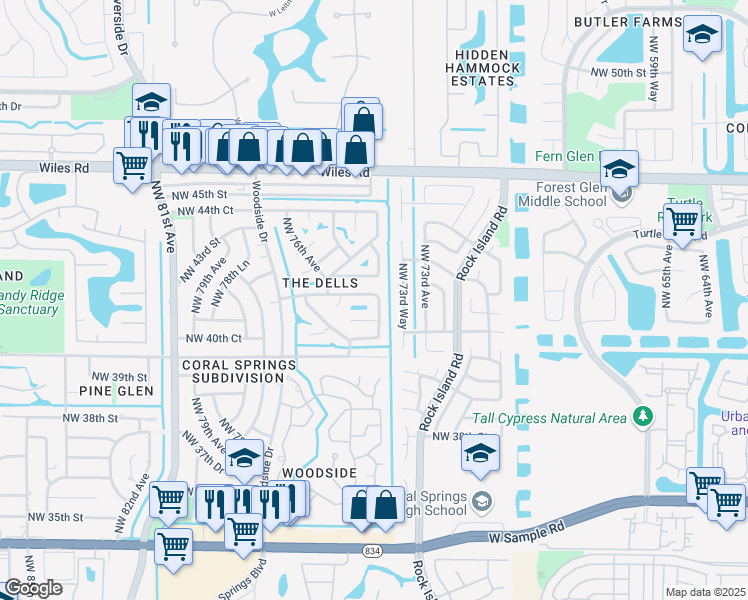 map of restaurants, bars, coffee shops, grocery stores, and more near 4115 Northwest 75th Avenue in Coral Springs