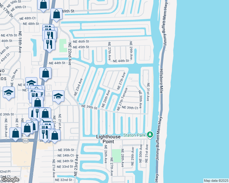 map of restaurants, bars, coffee shops, grocery stores, and more near 2630 Northeast 41st Street in Lighthouse Point