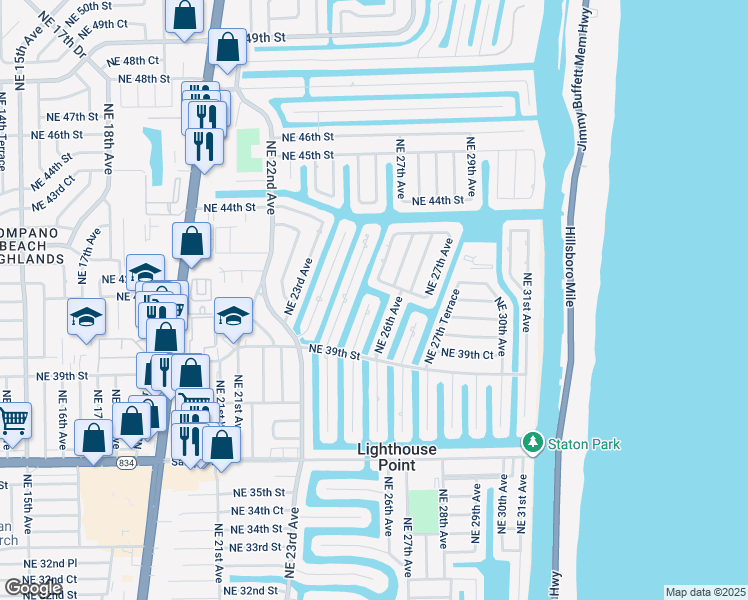 map of restaurants, bars, coffee shops, grocery stores, and more near 4040 Northeast 25th Avenue in Lighthouse Point