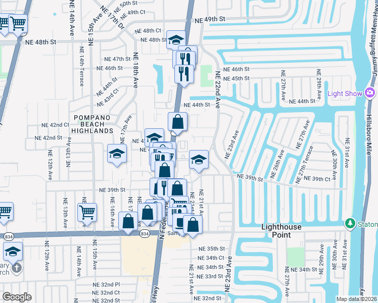 map of restaurants, bars, coffee shops, grocery stores, and more near 2319 Vintage Drive in Lighthouse Point