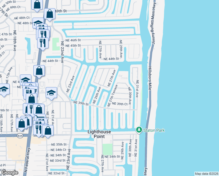 map of restaurants, bars, coffee shops, grocery stores, and more near 4051 Northeast 27th Terrace in Lighthouse Point
