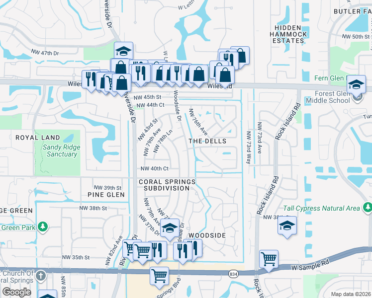 map of restaurants, bars, coffee shops, grocery stores, and more near 4019 Woodside Drive in Coral Springs