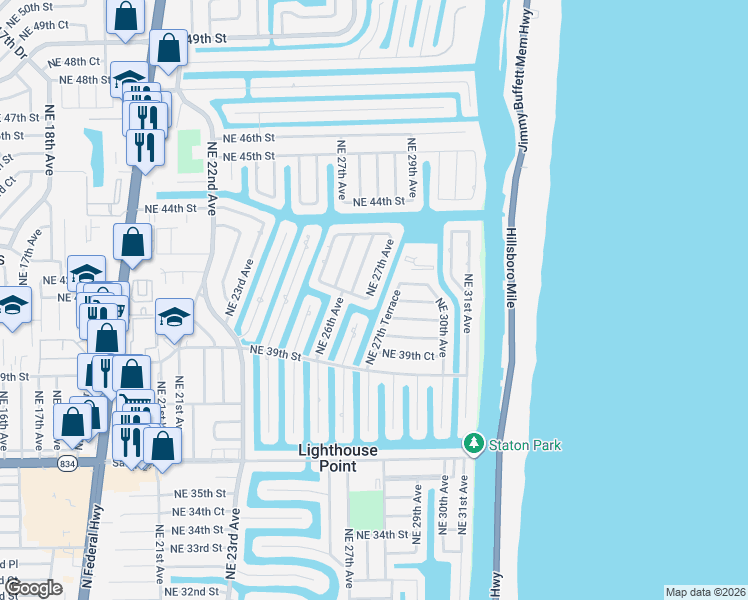 map of restaurants, bars, coffee shops, grocery stores, and more near 4051 Northeast 27th Terrace in Lighthouse Point