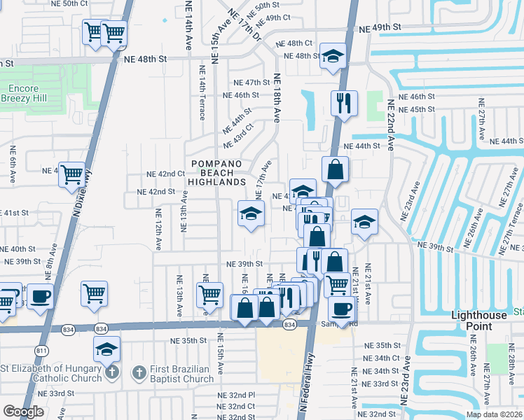 map of restaurants, bars, coffee shops, grocery stores, and more near 4041 Northeast 17th Terrace in Pompano Beach