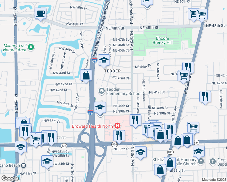 map of restaurants, bars, coffee shops, grocery stores, and more near 4111 Northeast 2nd Terrace in Pompano Beach