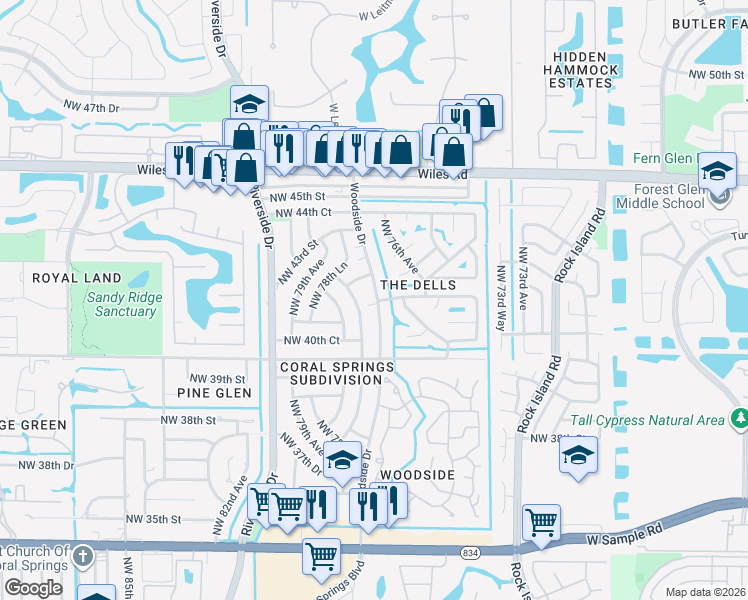 map of restaurants, bars, coffee shops, grocery stores, and more near 4019 Woodside Drive in Coral Springs