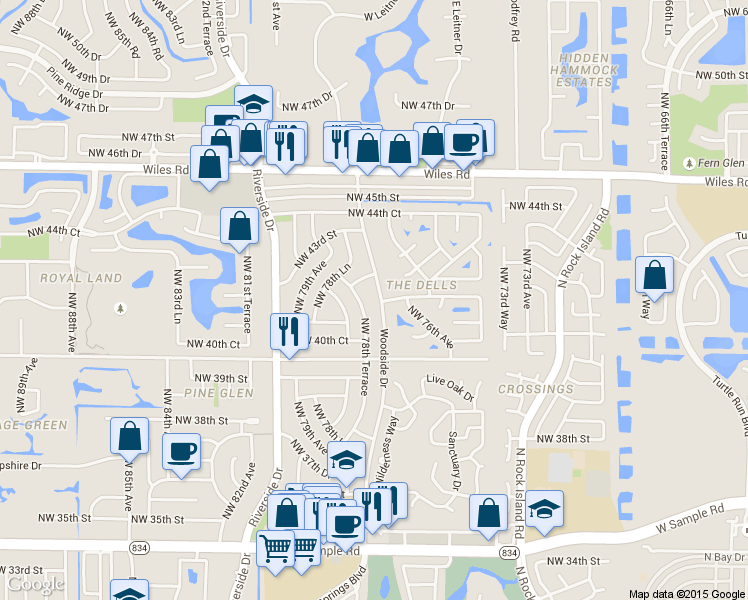 map of restaurants, bars, coffee shops, grocery stores, and more near 4019 Woodside Drive in Coral Springs