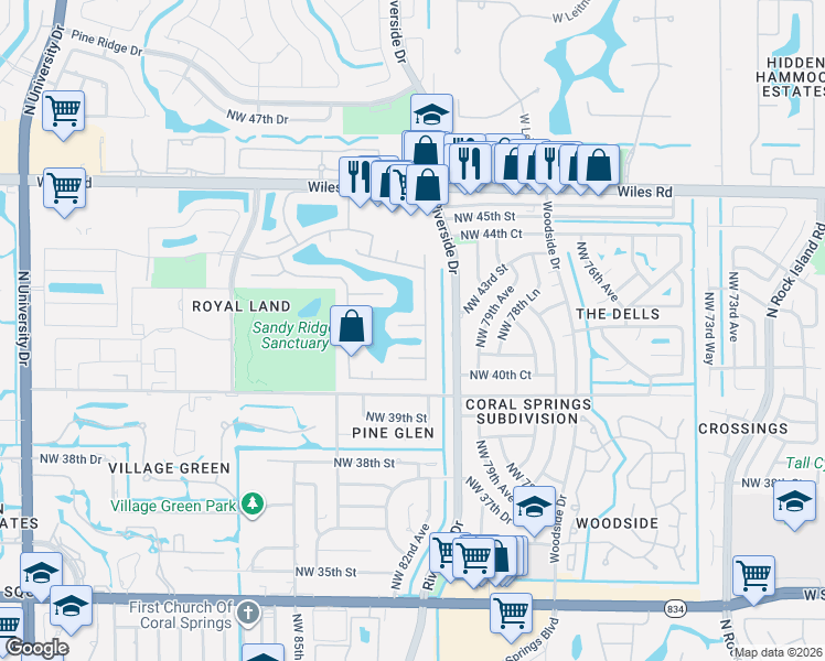 map of restaurants, bars, coffee shops, grocery stores, and more near 8170 Northwest 42nd Street in Coral Springs