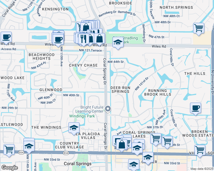 map of restaurants, bars, coffee shops, grocery stores, and more near 4122 Coral Springs Drive in Coral Springs