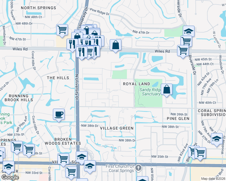 map of restaurants, bars, coffee shops, grocery stores, and more near 4139b Northwest 88th Avenue in Coral Springs