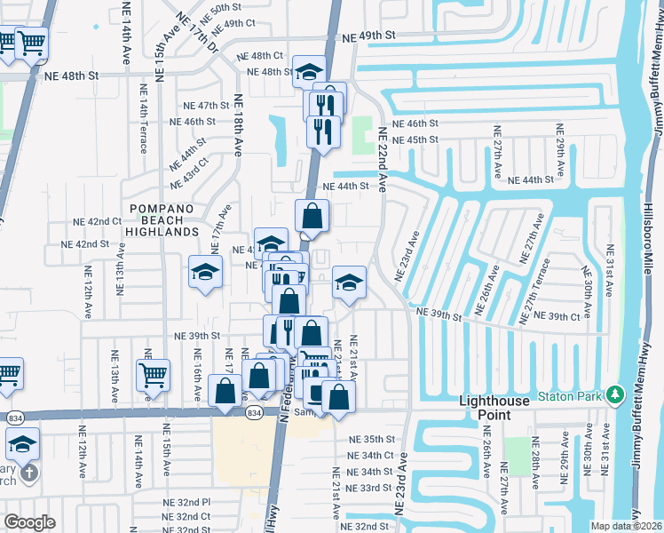 map of restaurants, bars, coffee shops, grocery stores, and more near 2319 Vintage Drive in Lighthouse Point