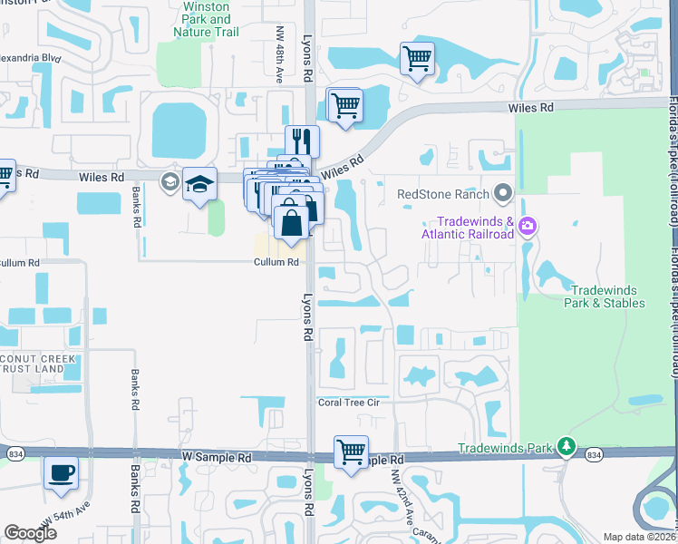 map of restaurants, bars, coffee shops, grocery stores, and more near 4417 Northwest 41st Place in Coconut Creek