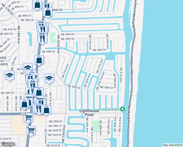 map of restaurants, bars, coffee shops, grocery stores, and more near 2630 Northeast 41st Street in Lighthouse Point