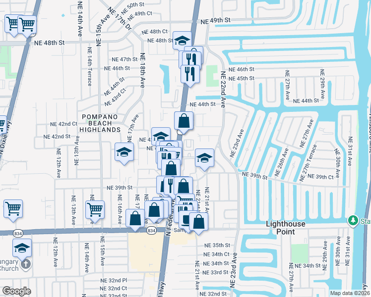 map of restaurants, bars, coffee shops, grocery stores, and more near 2304 Vintage Drive in Lighthouse Point