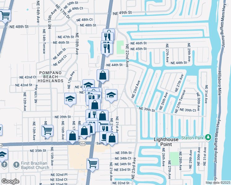 map of restaurants, bars, coffee shops, grocery stores, and more near 2130 Northeast 41st Street in Lighthouse Point