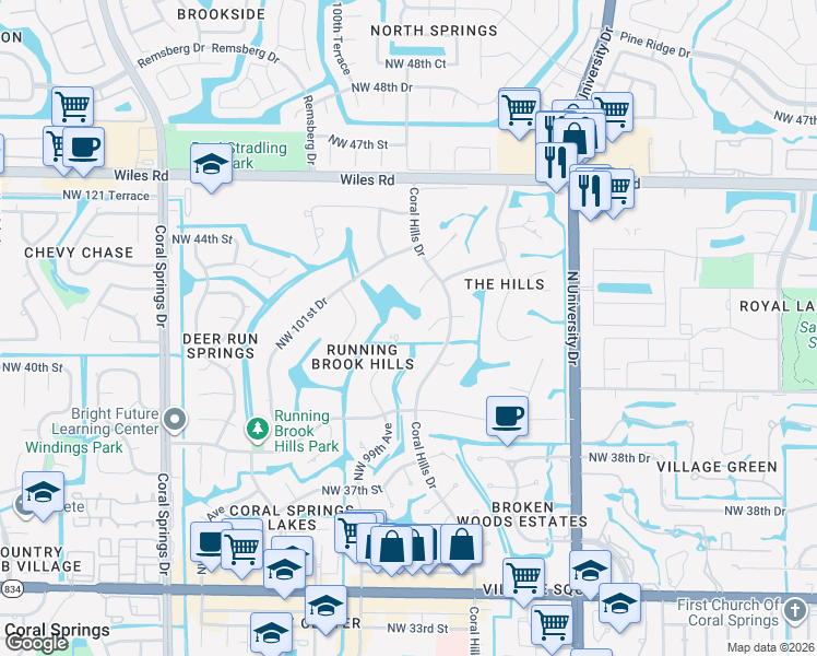 map of restaurants, bars, coffee shops, grocery stores, and more near 4120 Northwest 99th Avenue in Coral Springs