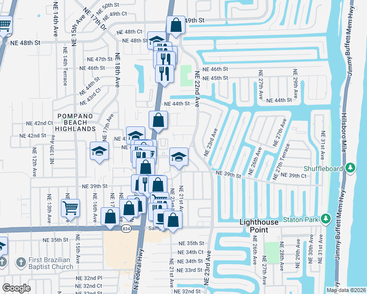 map of restaurants, bars, coffee shops, grocery stores, and more near 2130 Northeast 41st Street in Lighthouse Point