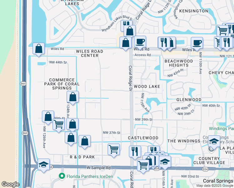map of restaurants, bars, coffee shops, grocery stores, and more near 11820 Northwest 41st Street in Coral Springs