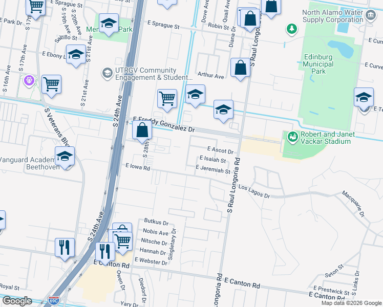 map of restaurants, bars, coffee shops, grocery stores, and more near 1804 East Chandler Circle in Edinburg