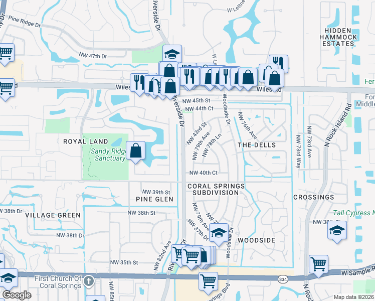 map of restaurants, bars, coffee shops, grocery stores, and more near 4111 Northwest 81st Avenue in Coral Springs