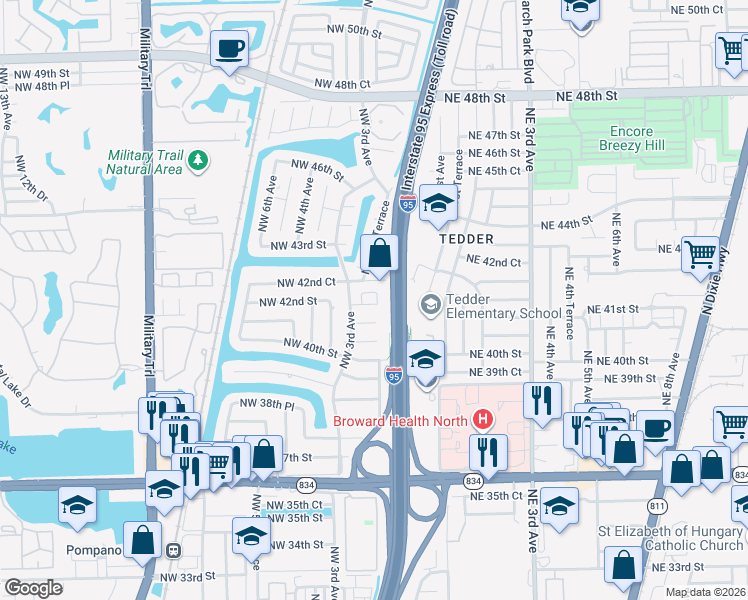 map of restaurants, bars, coffee shops, grocery stores, and more near 210 Northwest 41st Court in Pompano Beach