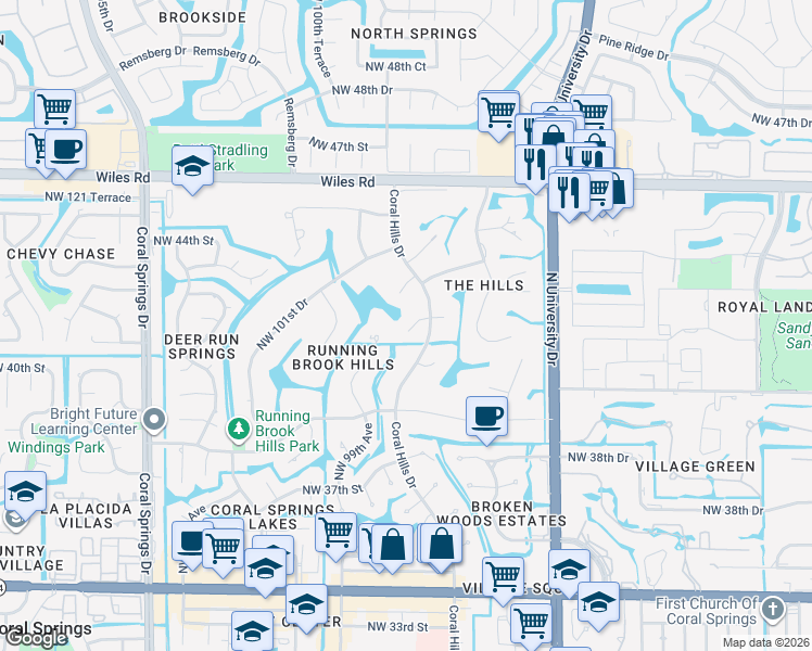 map of restaurants, bars, coffee shops, grocery stores, and more near 4180 Coral Hills Drive in Coral Springs