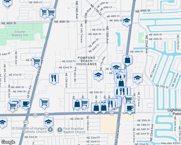 map of restaurants, bars, coffee shops, grocery stores, and more near 4130 Northeast 15th Avenue in Pompano Beach